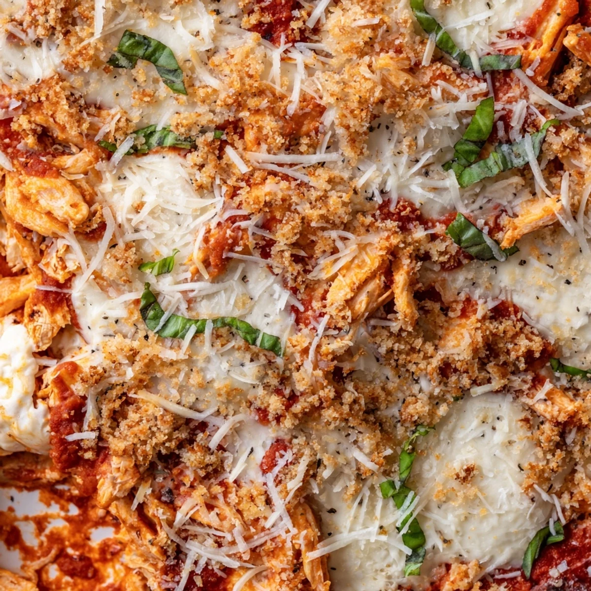 Golden bubbly keto chicken Parmesan casserole with melted mozzarella and fresh basil garnish