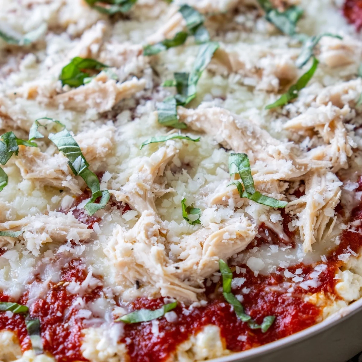 Comforting keto chicken Parmesan casserole baked to golden perfection with fresh herbs