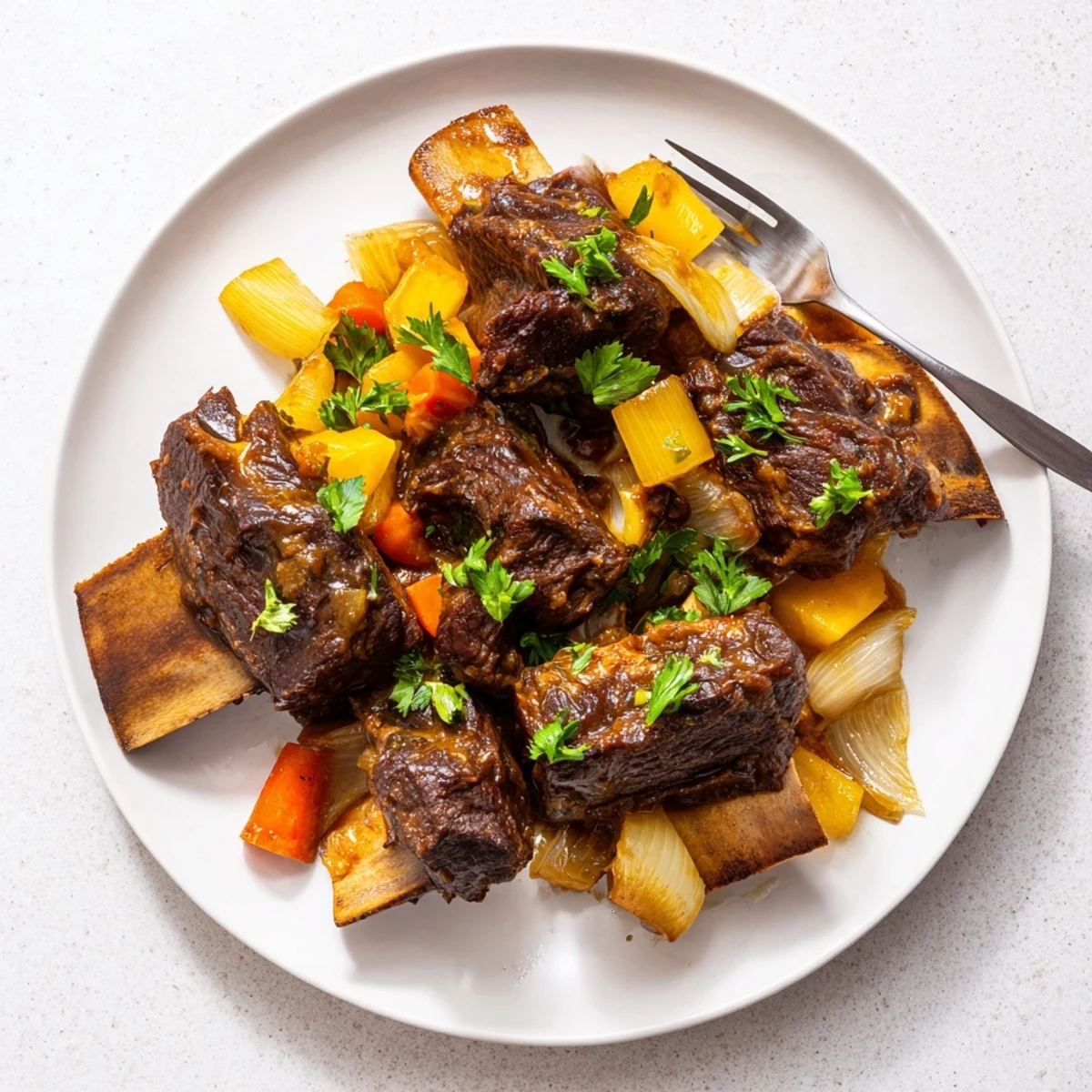 Golden maple bourbon glazed short ribs glistening with rich caramelized sauce on white plate