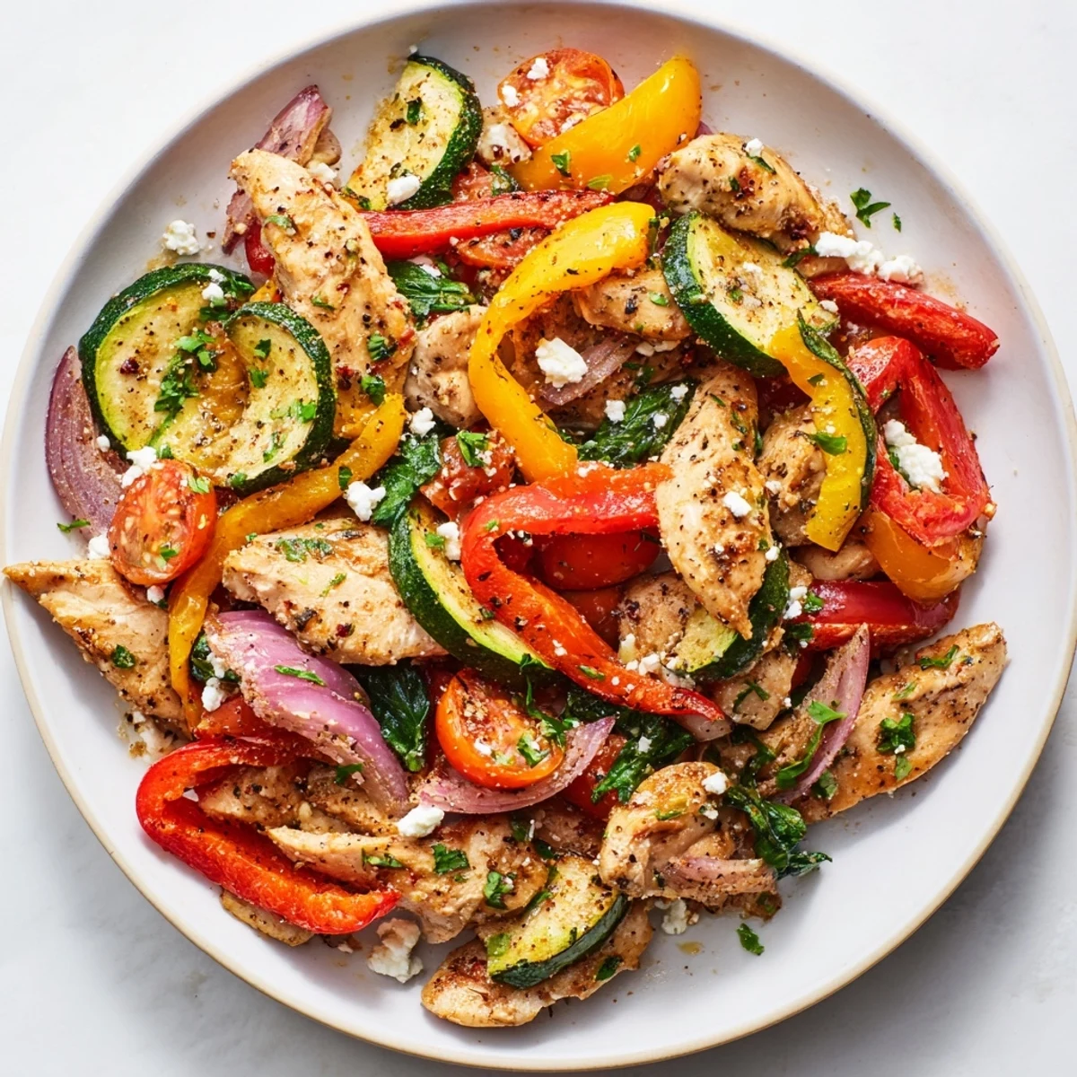 Colorful Mediterranean chicken stir fry with crisp bell peppers and fresh herbs in a skillet