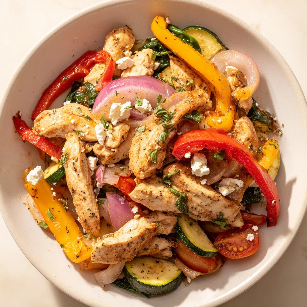 Golden chicken pieces tossed with vibrant zucchini, tomatoes, and spinach in this Mediterranean stir fry