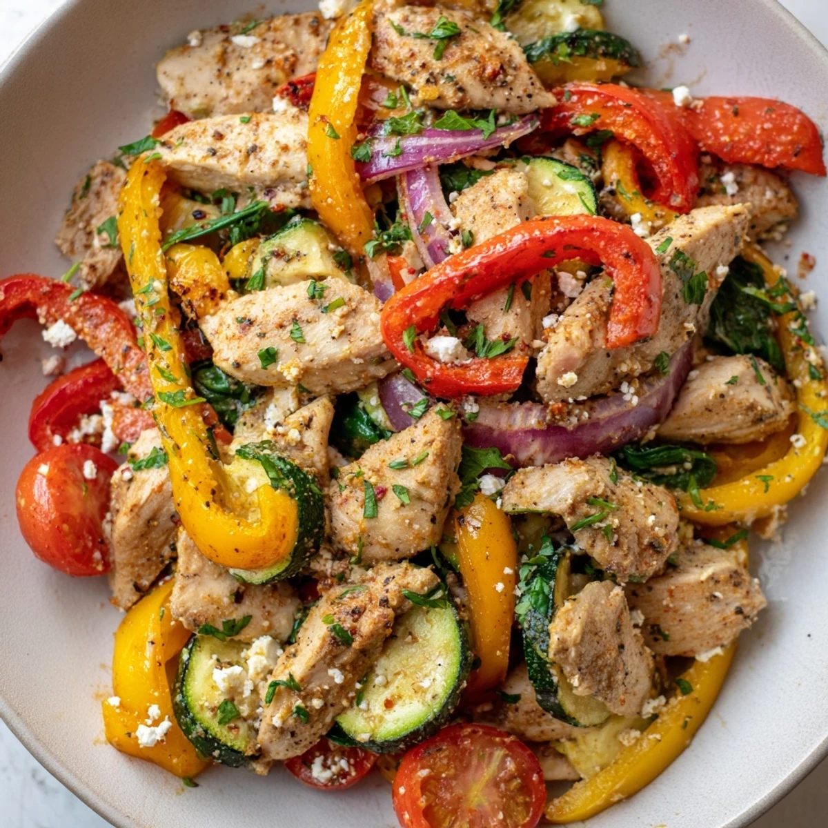 Savory Mediterranean chicken stir fry plated with crumbled feta and chopped parsley garnish