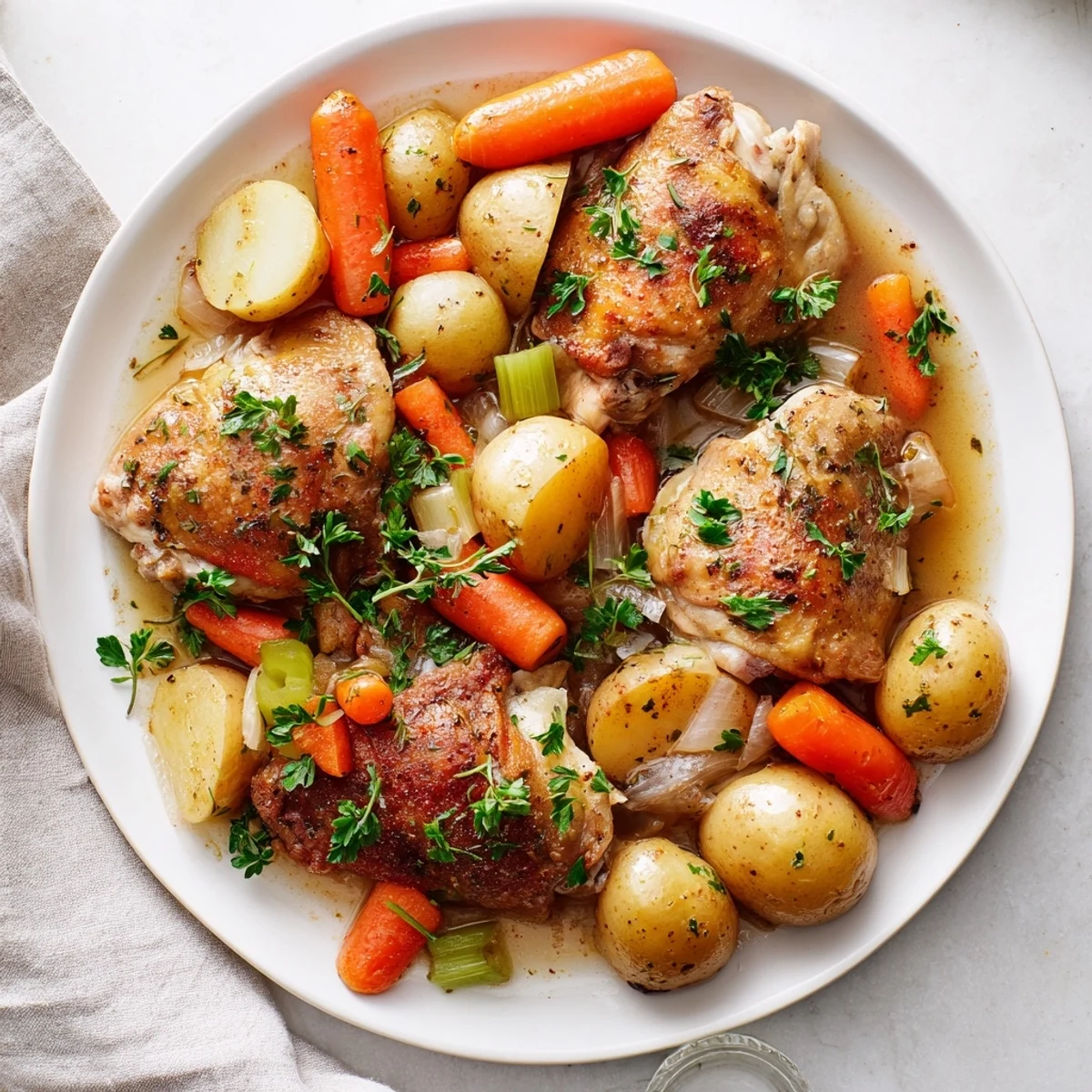 Golden brown healthy savory slow cooker chicken garnished with fresh parsley and steaming vegetables
