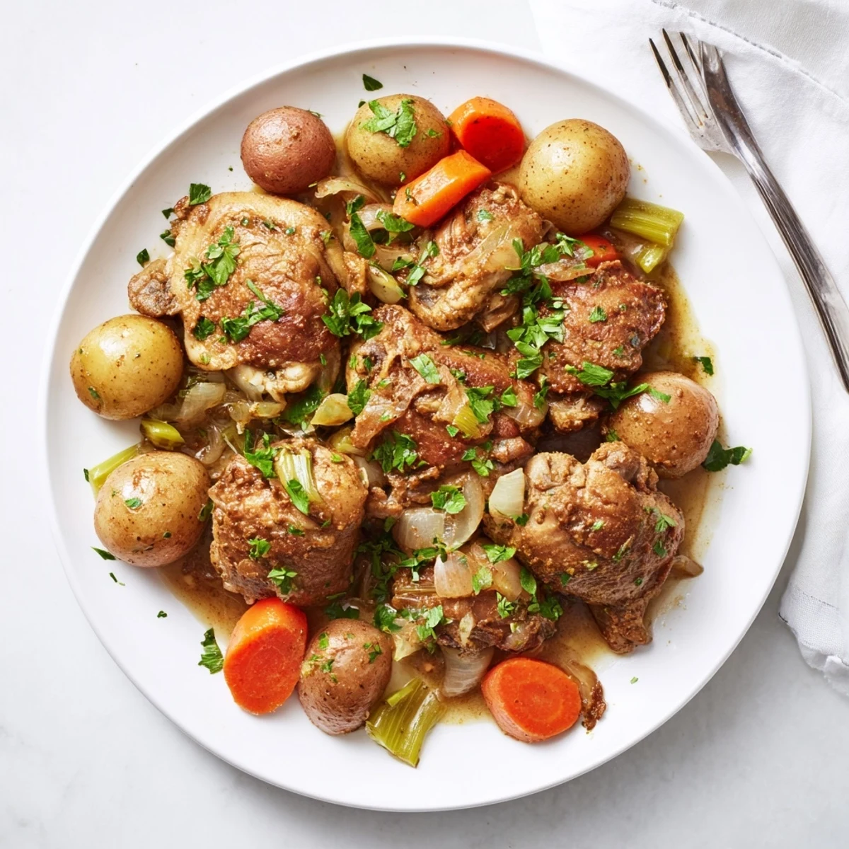Tender slow cooker chicken thighs nestled with carrots, celery, and baby potatoes in a savory broth