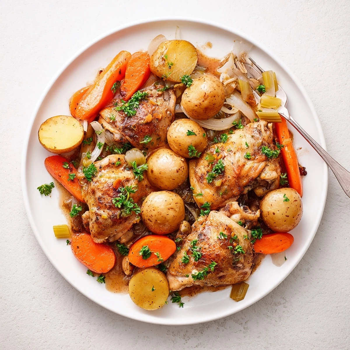 Wholesome chicken dish slow-cooked with aromatic herbs and vegetables in a rich, comforting sauce