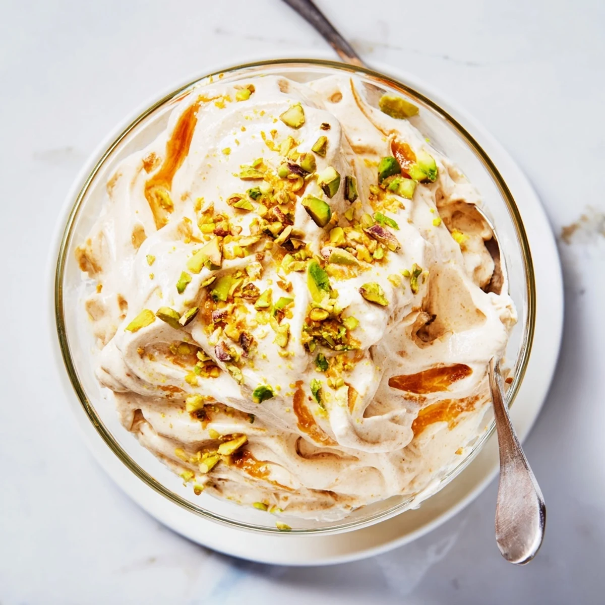 Creamy Lebanese date orange blossom mousse topped with crushed pistachios and fresh orange zest in glass ramekins