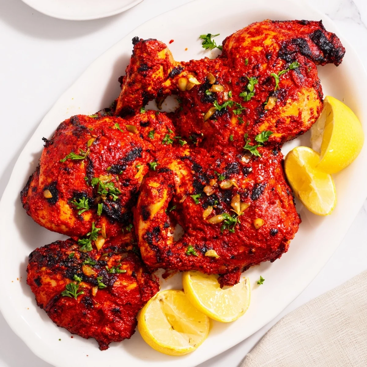 Spicy peri peri chicken Portuguese style plated with fresh lemon wedges and parsley