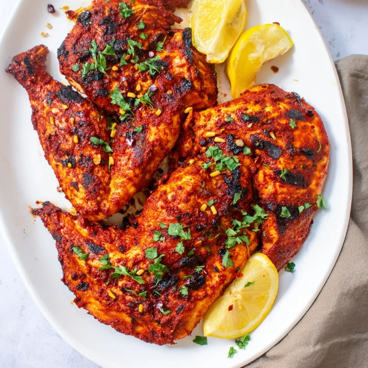 Whole peri peri chicken Portuguese style roasted to perfection with vibrant red marinade glaze