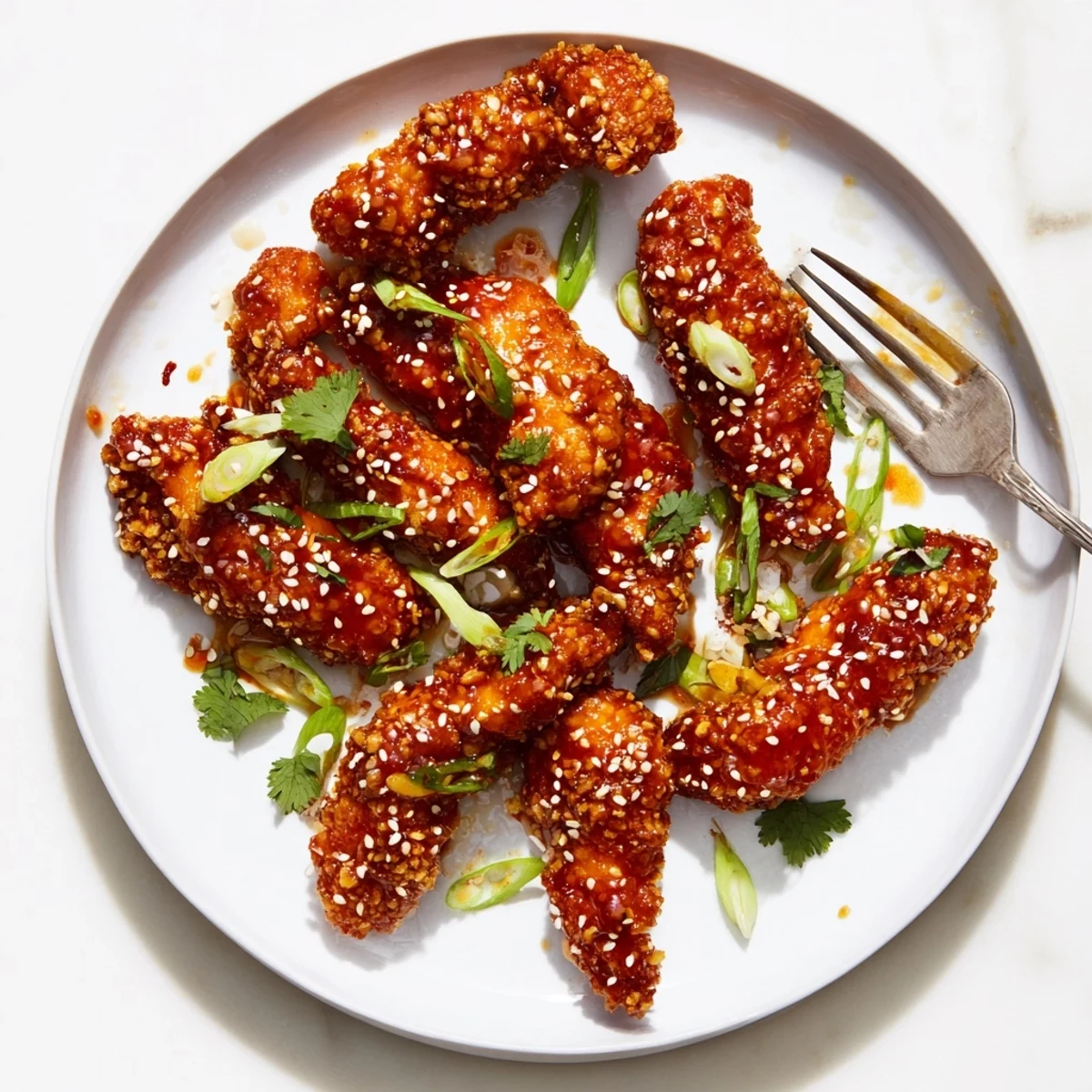 Golden Thai sticky chicken fingers glazed in sweet spicy sauce with sesame seed garnish