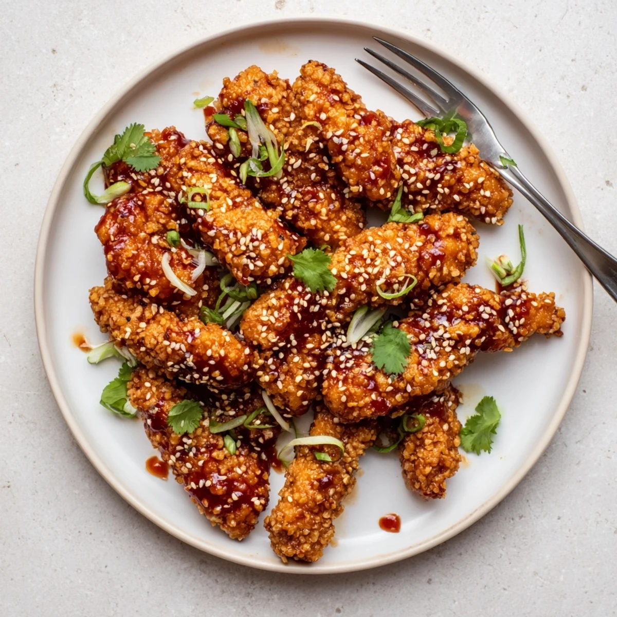 Crispy baked chicken tenders coated in sweet chili Thai sauce topped with green onions