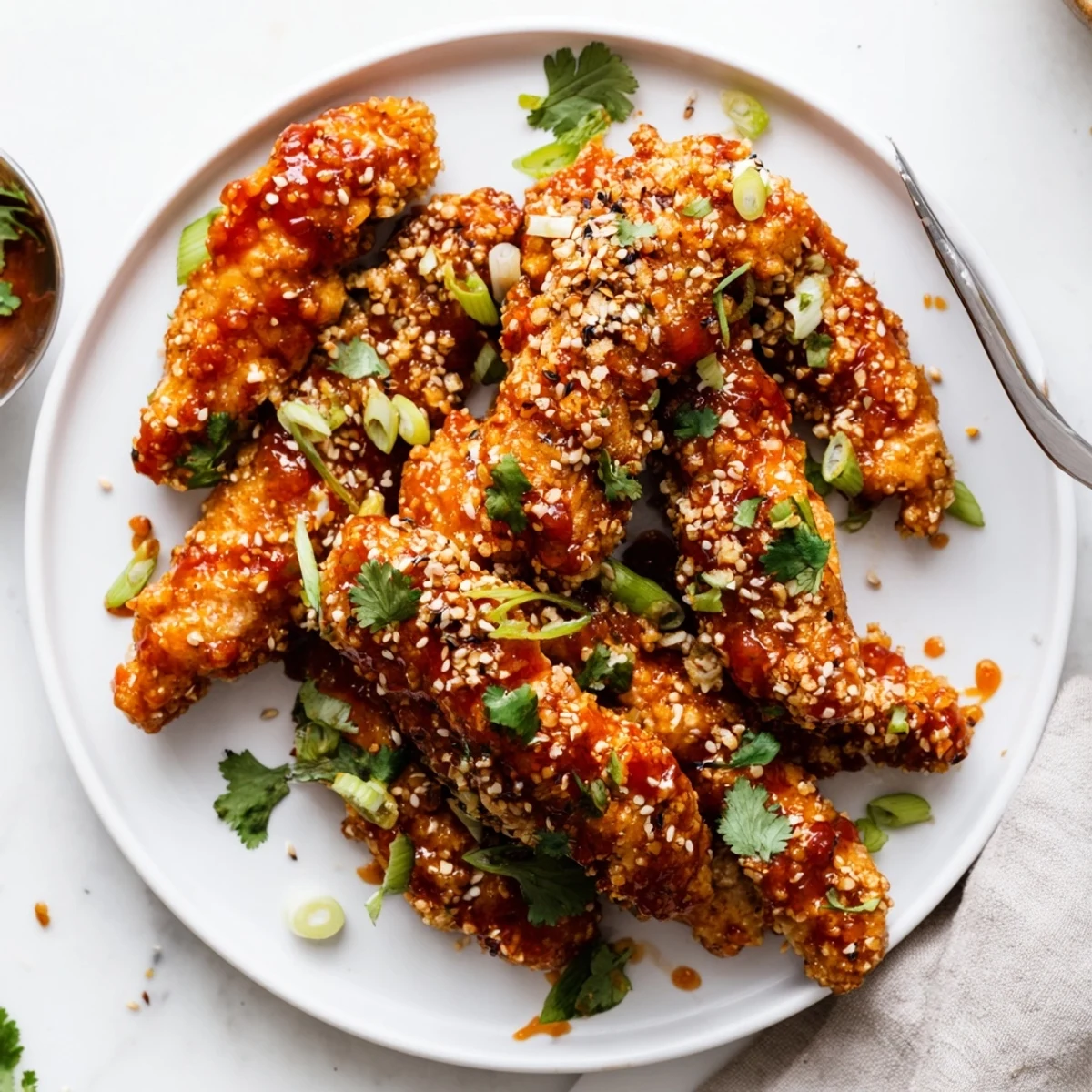 Plate of Thai sticky chicken fingers drizzled with tangy glaze and fresh cilantro leaves