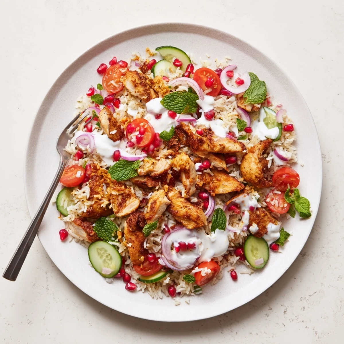 Golden chicken shawarma spiced with aromatic spices atop crispy rice bed with fresh vegetables