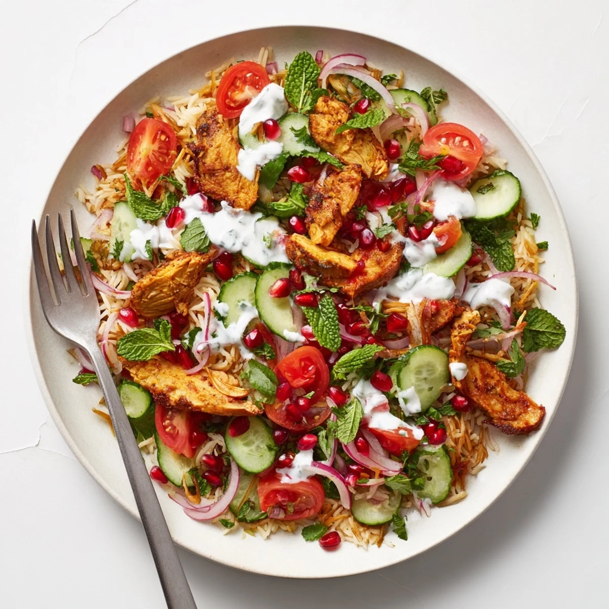 Vibrant chicken shawarma crispy rice salad drizzled with creamy yogurt tahini sauce and pomegranate seeds