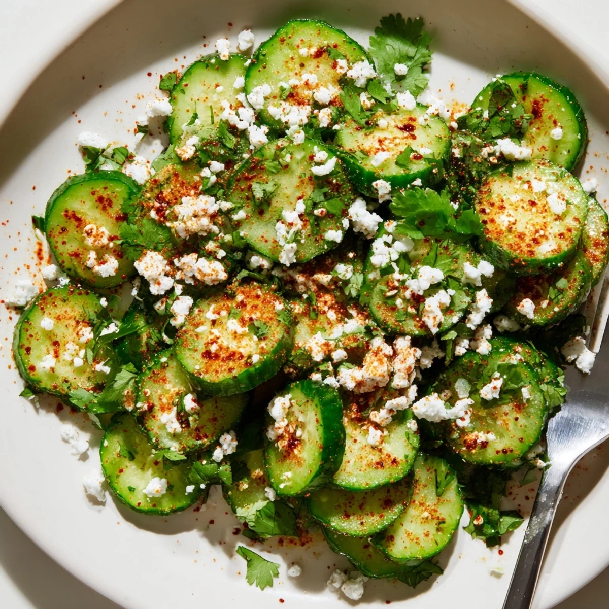 Fresh Mexican style cucumbers coated in tangy lime juice and spicy chili powder on a white serving plate.