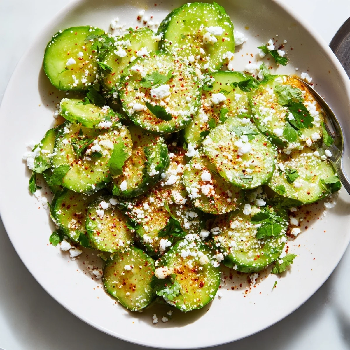 Crisp cucumber slices sprinkled with Tajín seasoning and fresh cilantro for a zesty Mexican style appetizer.