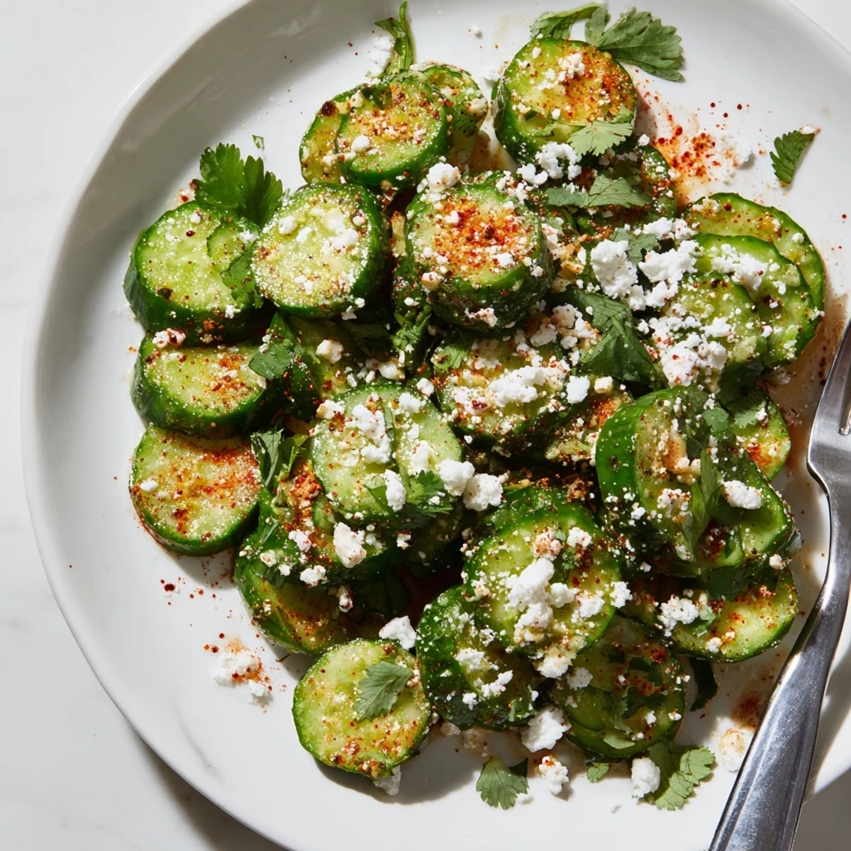 Bowl of Mexican style cucumbers tossed with lime, chili powder, salt, and pepper as a refreshing summer snack.