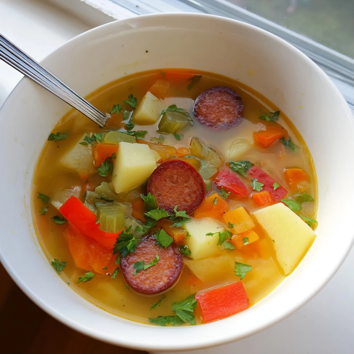 Hearty potato and chorizo soup simmered with smoked paprika in rustic white serving bowl