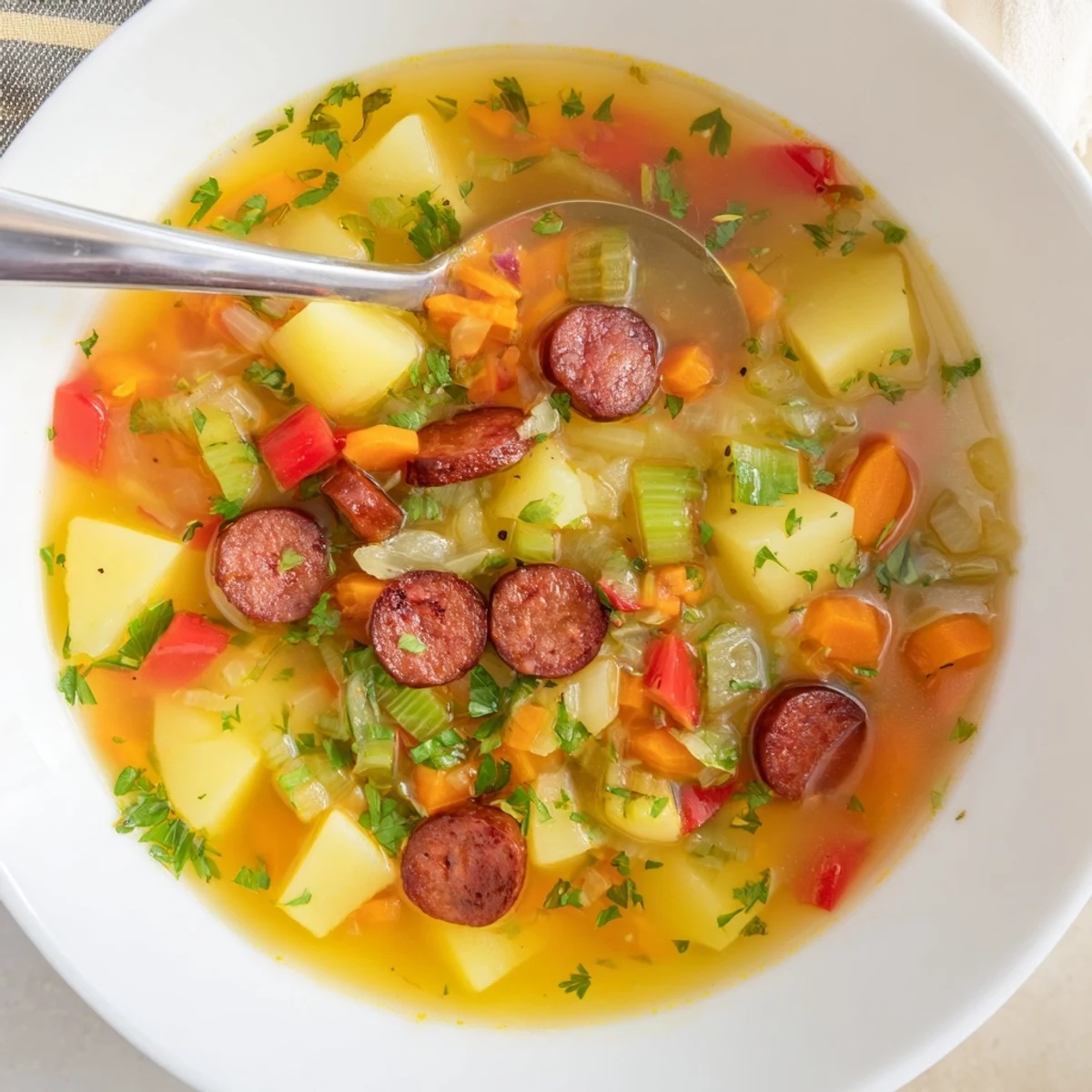 Creamy Spanish potato soup featuring tender potatoes and crisp chorizo slices ready to serve