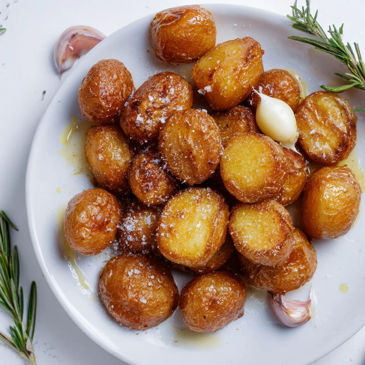 Traditional British-style homemade roast potatoes sprinkled with sea salt flakes and fresh rosemary sprigs
