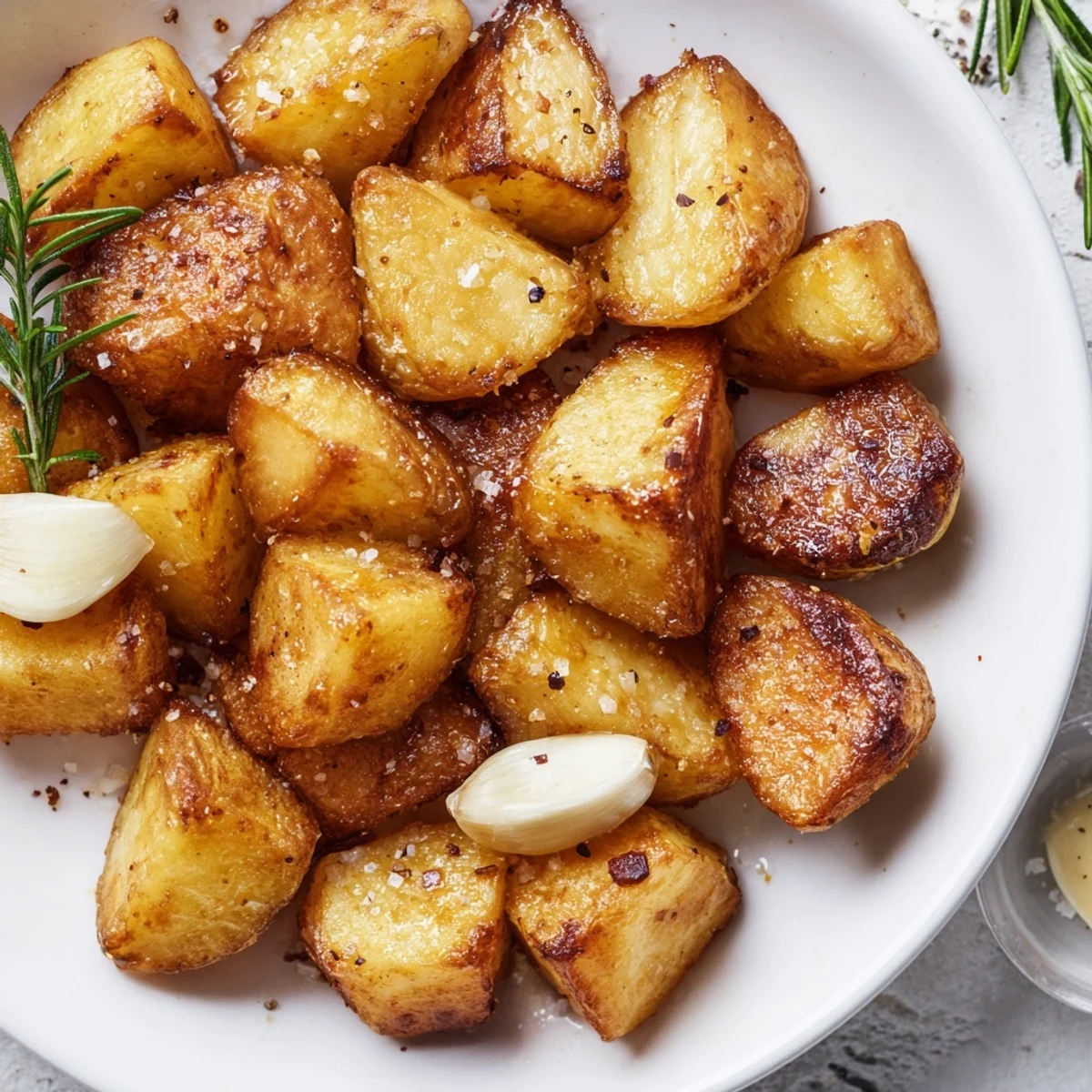 Golden homemade roast potatoes with crispy edges and fluffy centers arranged on a white serving platter