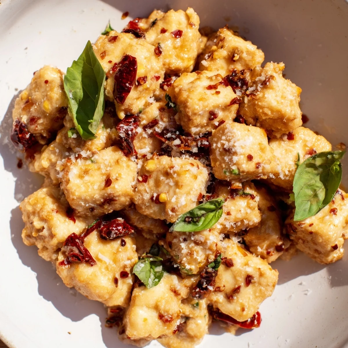 Golden crispy tofu cubes swimming in creamy sun-dried tomato garlic sauce with fresh basil garnish