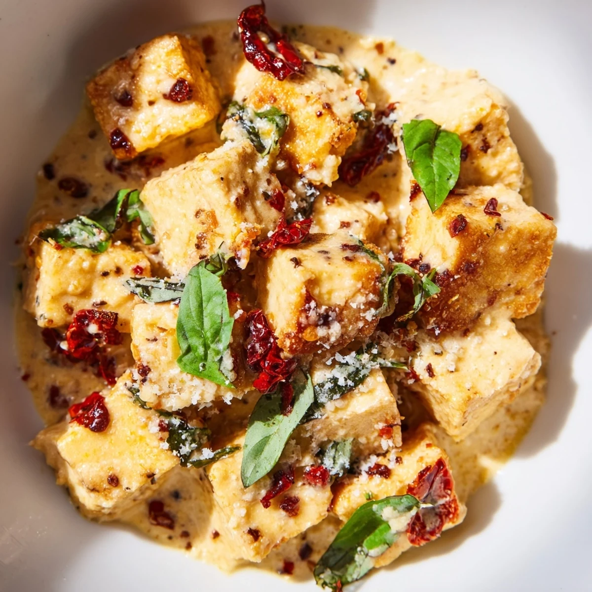 Classic Marry Me Tofu served in rich red cream sauce over white pasta with grated parmesan