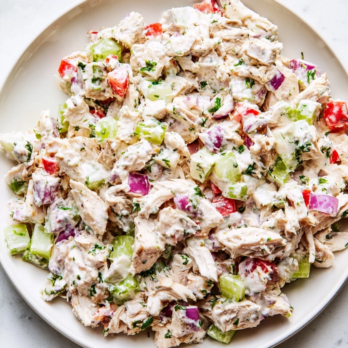 Creamy Greek yogurt rotisserie chicken salad with crisp red bell pepper and celery pieces