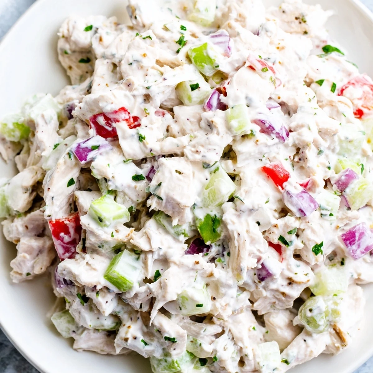 Healthy Greek yogurt rotisserie chicken salad served on bed of fresh greens with almonds