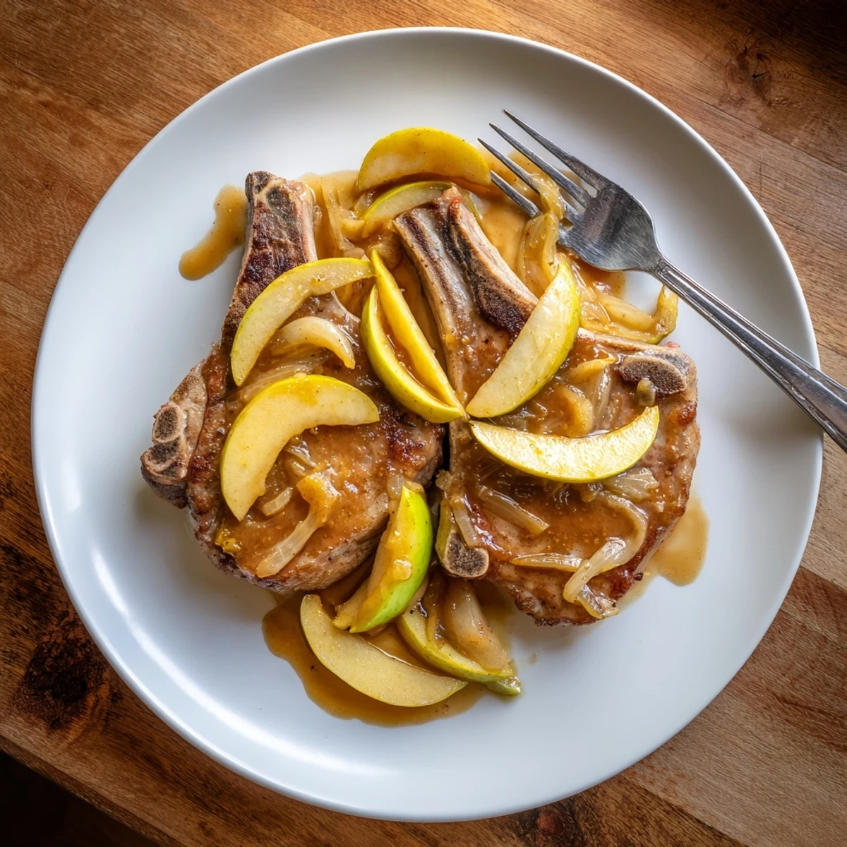 Juicy tender apple butter pork chops resting on a white plate topped with sweet cinnamon apple compote and savory pan juices
