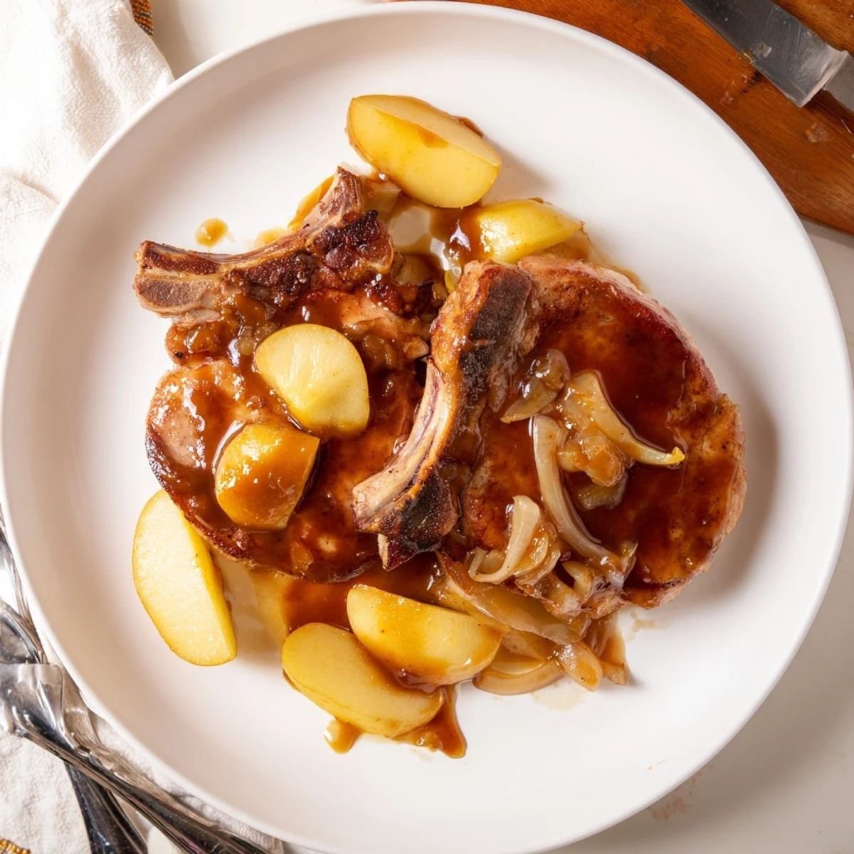 Golden brown pan-seared pork chops simmering in rich apple butter sauce with caramelized onion slices and tender spiced apples