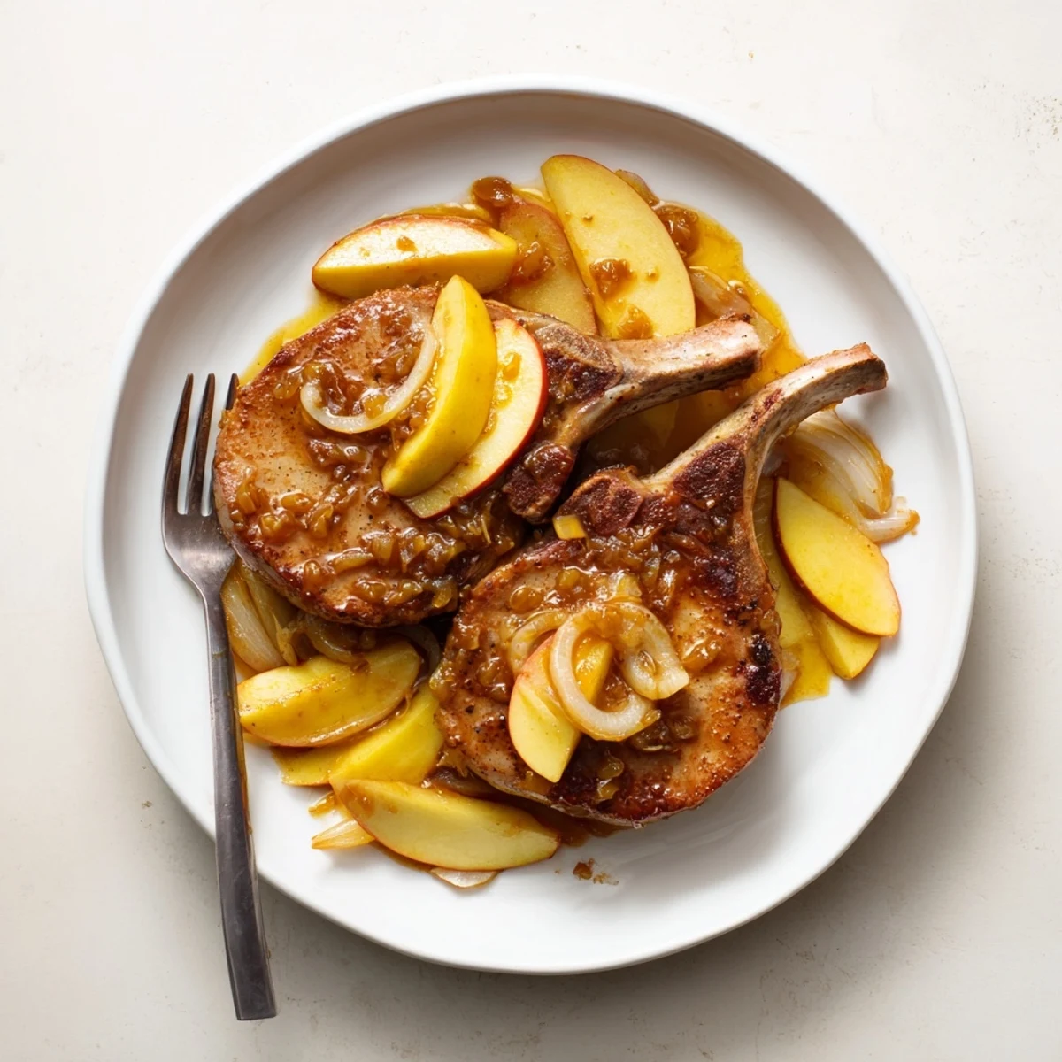 Sizzling skillet of apple butter pork chops coated in glossy sweet and savory sauce with softened onion rings and fresh apple slices