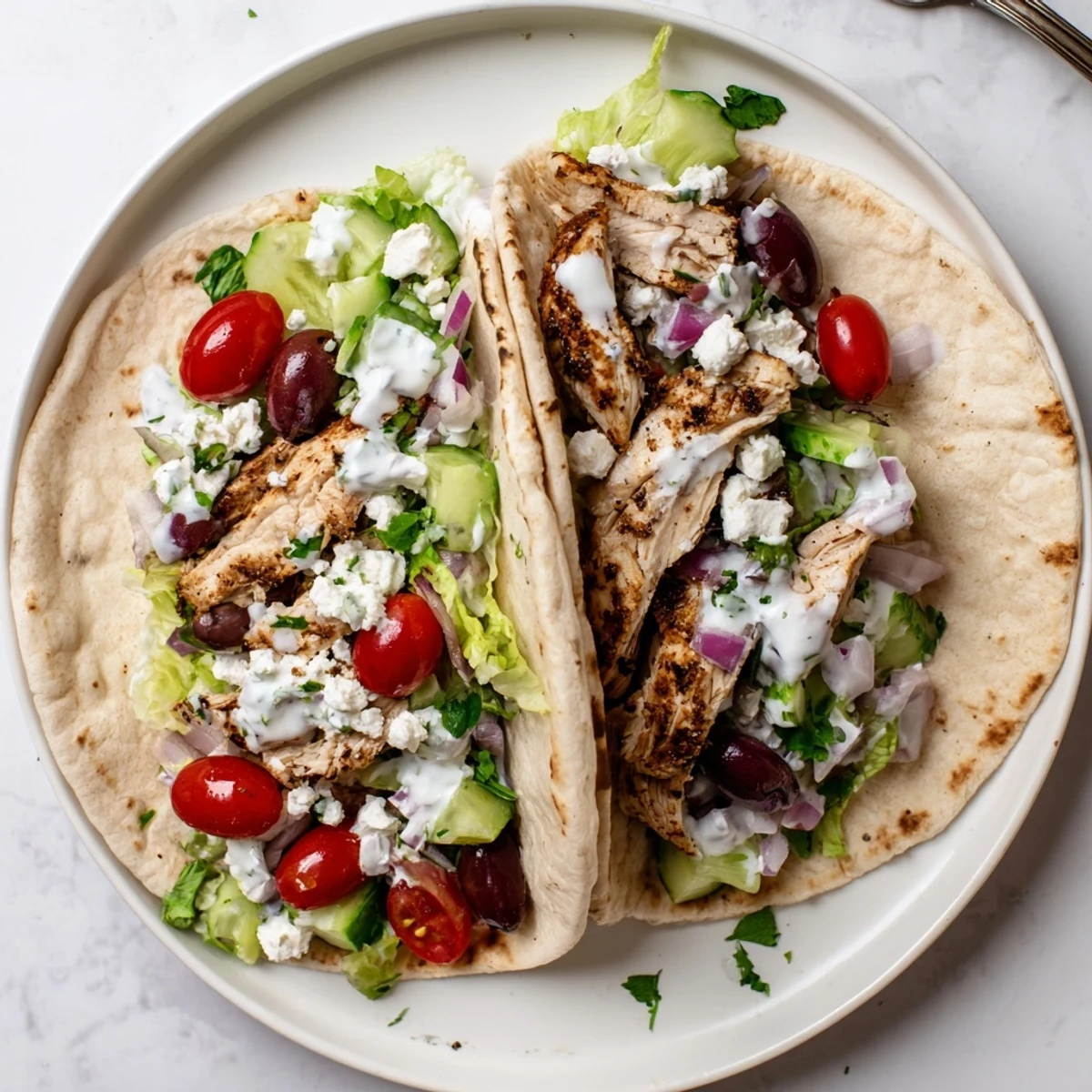 Golden grilled Mediterranean chicken tacos loaded with fresh vegetables and creamy feta in soft tortillas