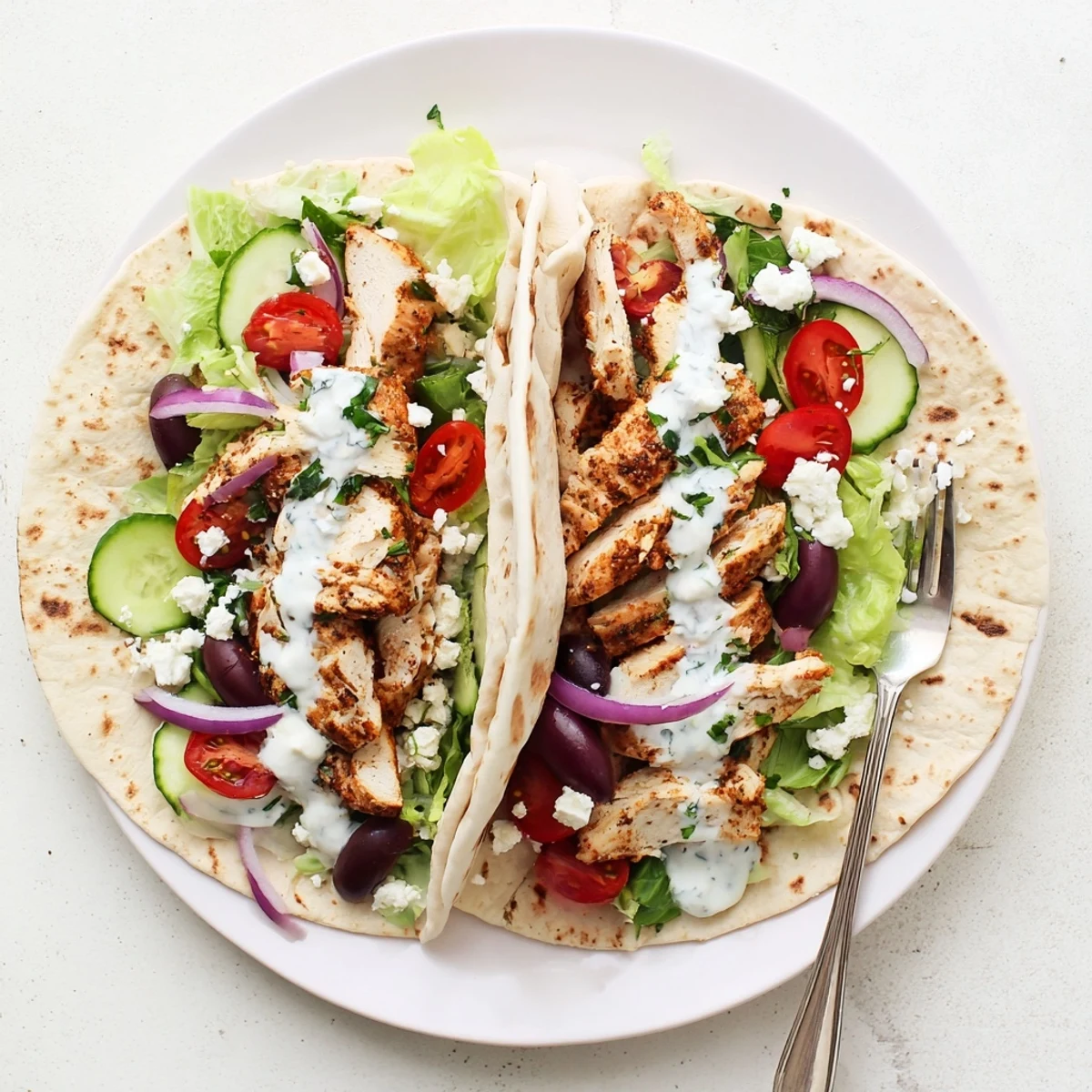 Mediterranean chicken tacos topped with crisp lettuce tomatoes cucumber and tangy yogurt garlic sauce