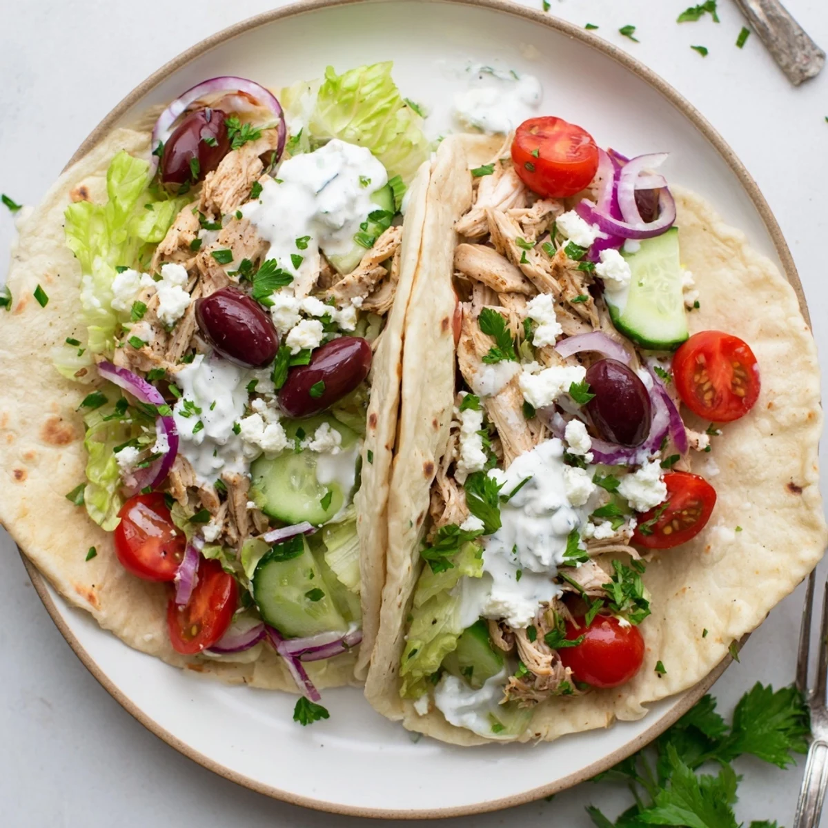 Quick Mediterranean chicken tacos featuring spiced grilled chicken Kalamata olives and crumbled feta cheese