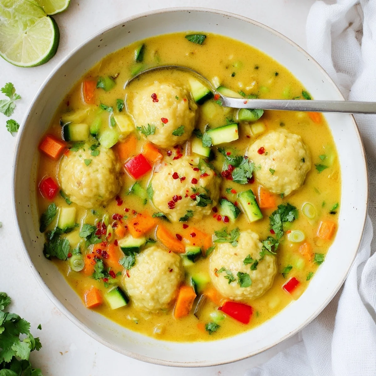 Creamy coconut curry soup featuring fluffy homemade dumplings floating in golden spiced broth with colorful vegetables