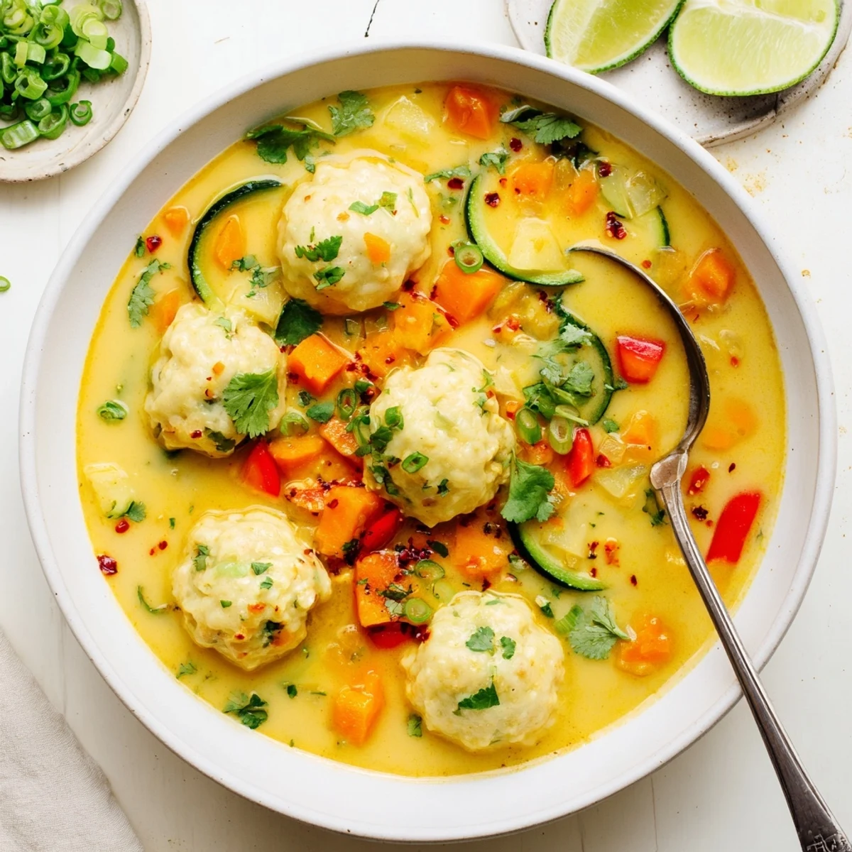Savory Southeast Asian-inspired soup with tender dumplings in aromatic coconut curry base with vibrant diced vegetables