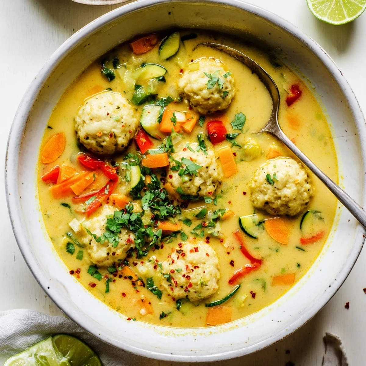 Steaming bowl of simple coconut curry soup with dumplings garnished with fresh cilantro and lime wedges