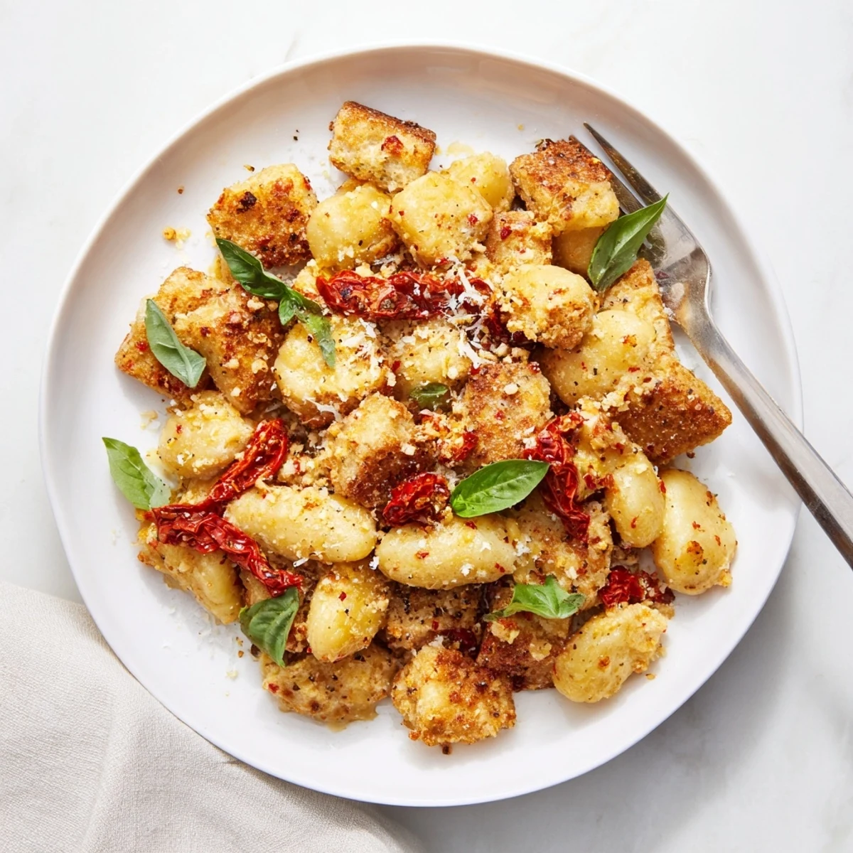 Golden crispy tofu cubes and pillowy potato gnocchi tossed in a creamy sun-dried tomato sauce