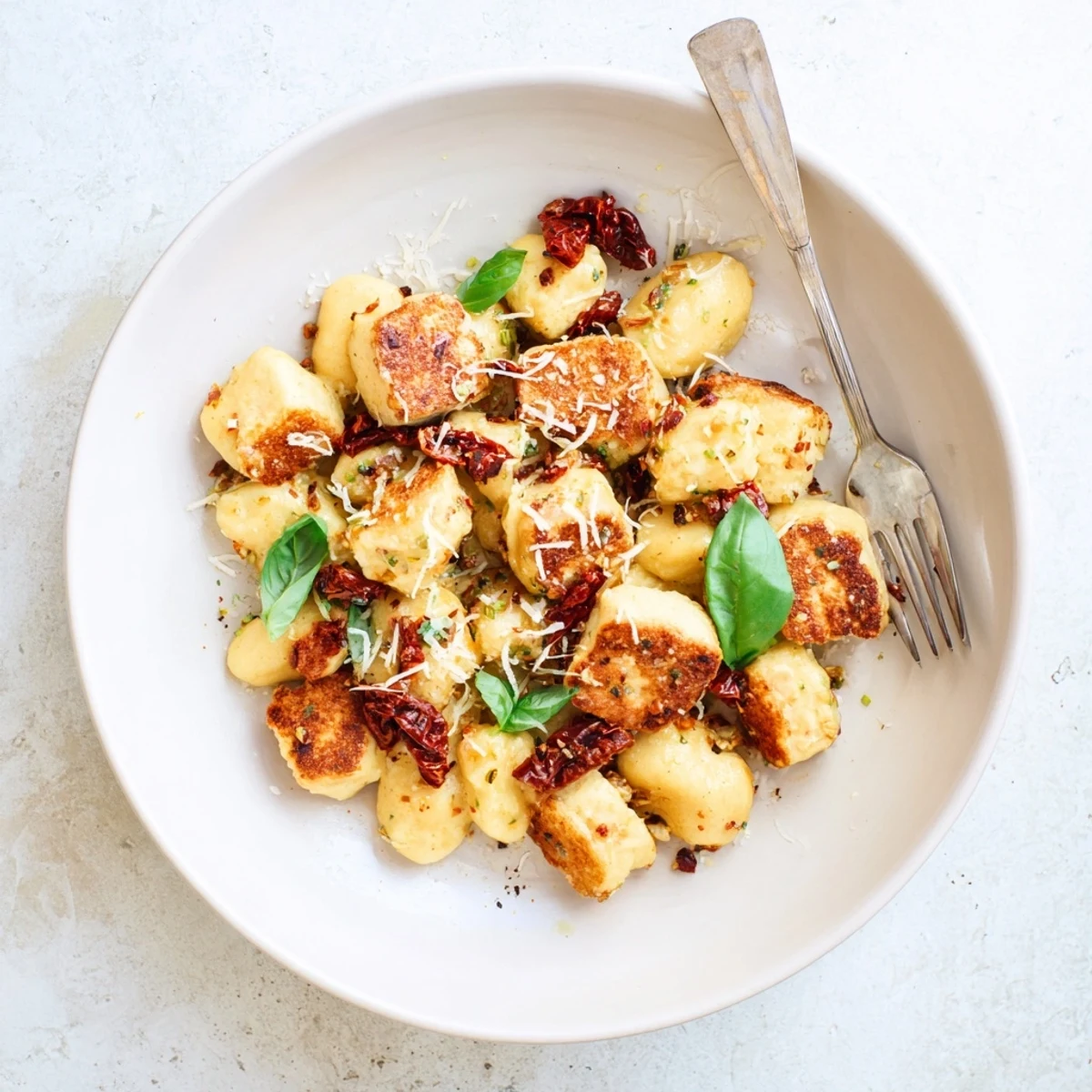Vibrant vegetarian dinner featuring crispy fried tofu and tender gnocchi swimming in a savory sun-dried tomato cream sauce