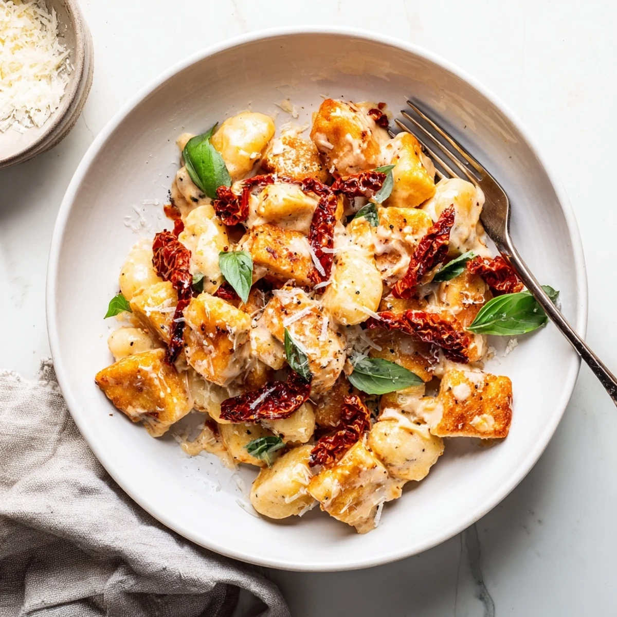 Restaurant-style Marry Me crispy tofu with gnocchi in a rich, flavorful cream sauce garnished with fresh basil