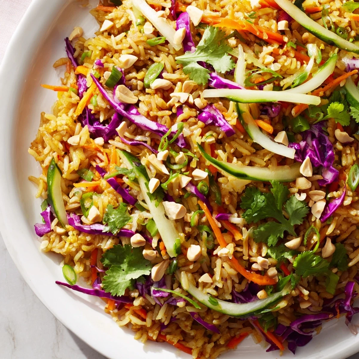 Golden crispy rice salad tossed with colorful vegetables in creamy peanut sesame dressing bowl