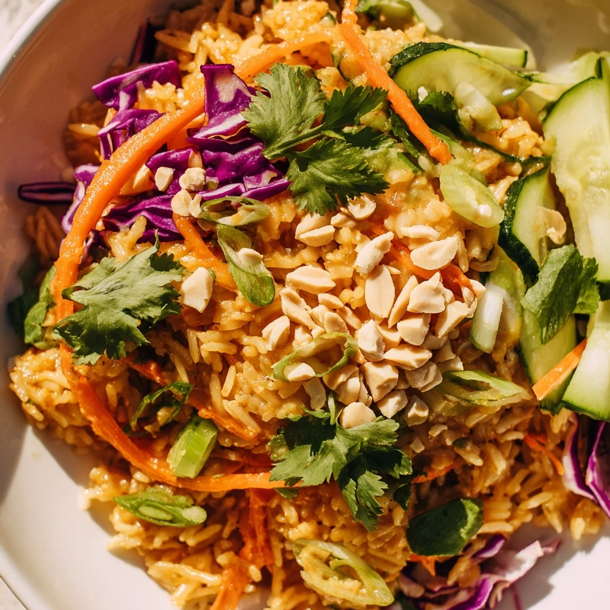 Vibrant Asian-inspired salad featuring crunchy fried rice topped with fresh cilantro and roasted peanuts