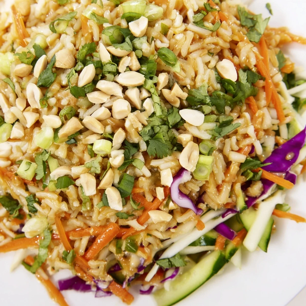 Close-up of crispy rice salad with purple cabbage, carrots, and tangy peanut sesame drizzle