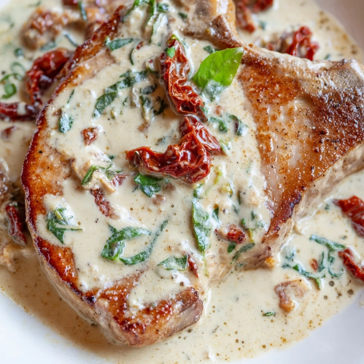 Golden Marry Me Pork chops resting in rich creamy sun-dried tomato parmesan sauce with fresh basil garnish