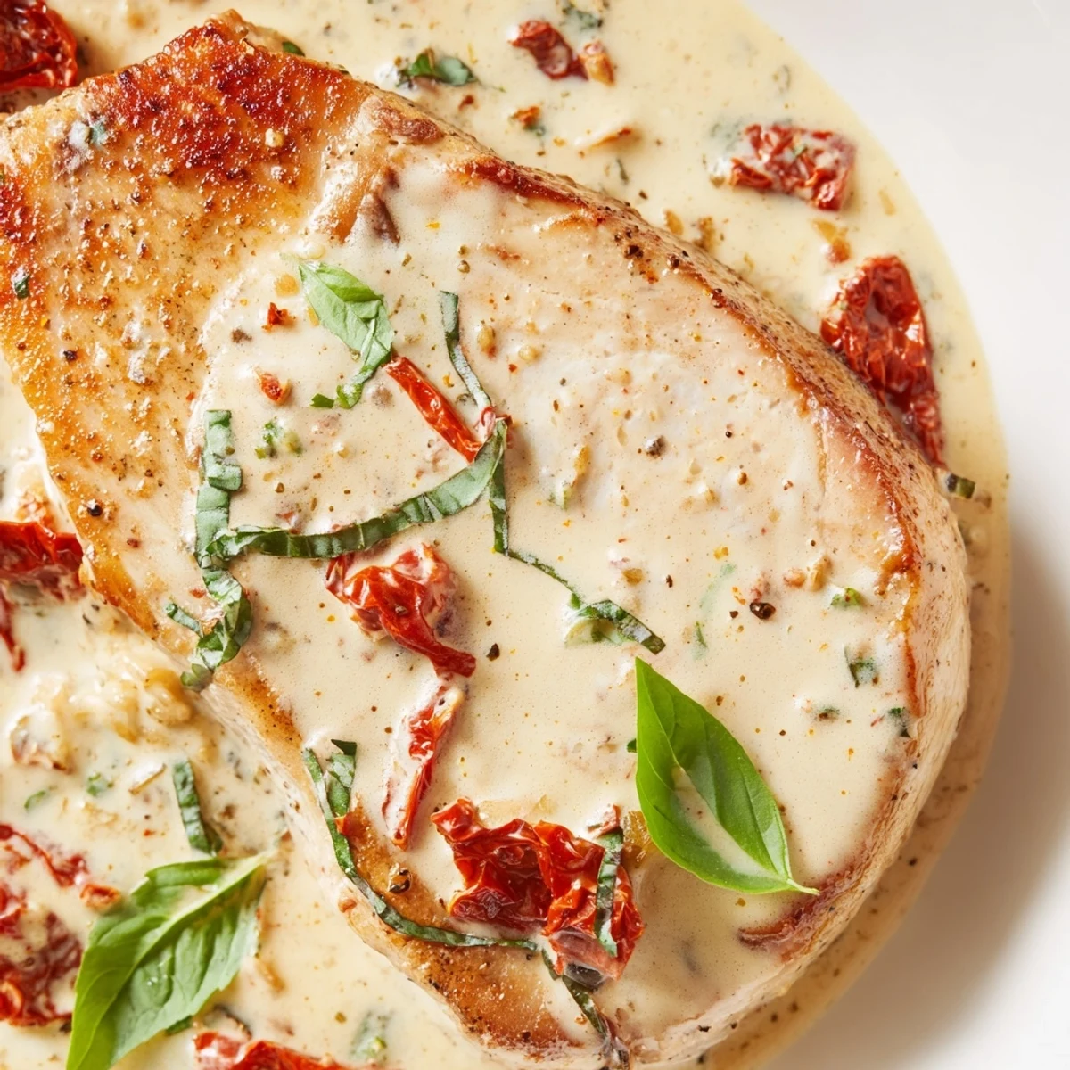 Tender pan-seared Marry Me Pork chops simmered in luscious garlic parmesan cream sauce dotted with sun-dried tomatoes