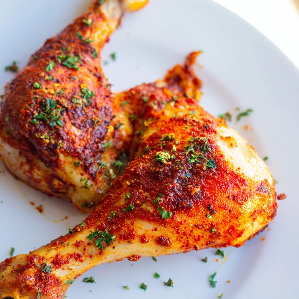 Tender roasted Paprika Chicken Legs garnished with fresh parsley and served alongside bright lemon wedges