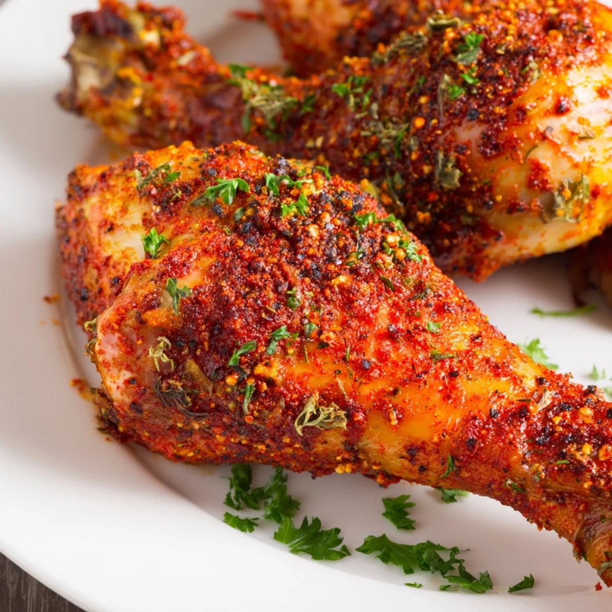 Golden brown Paprika Chicken Legs with crispy skin and vibrant red spice coating on a white plate