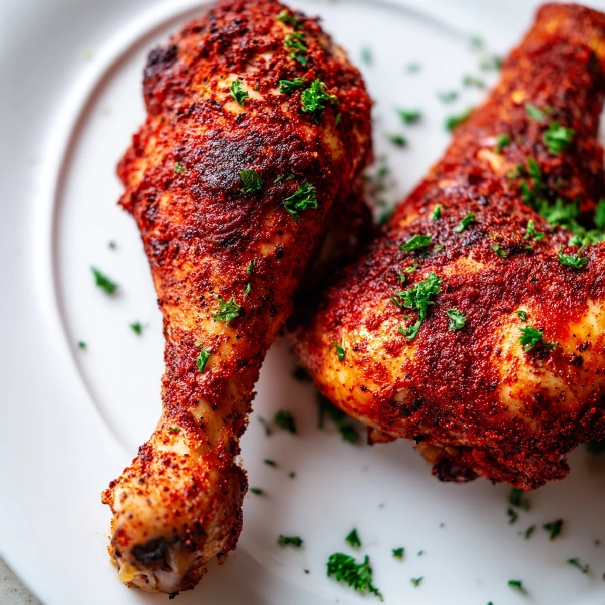 Four juicy Paprika Chicken Legs arranged on a baking sheet with perfectly crisped seasoned skin