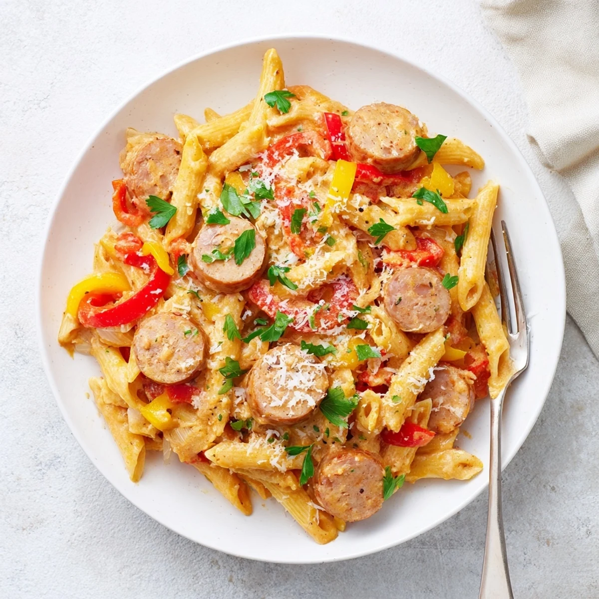 One pot creamy Cajun sausage pasta featuring tender penne coated in a rich spiced sauce with vegetables.