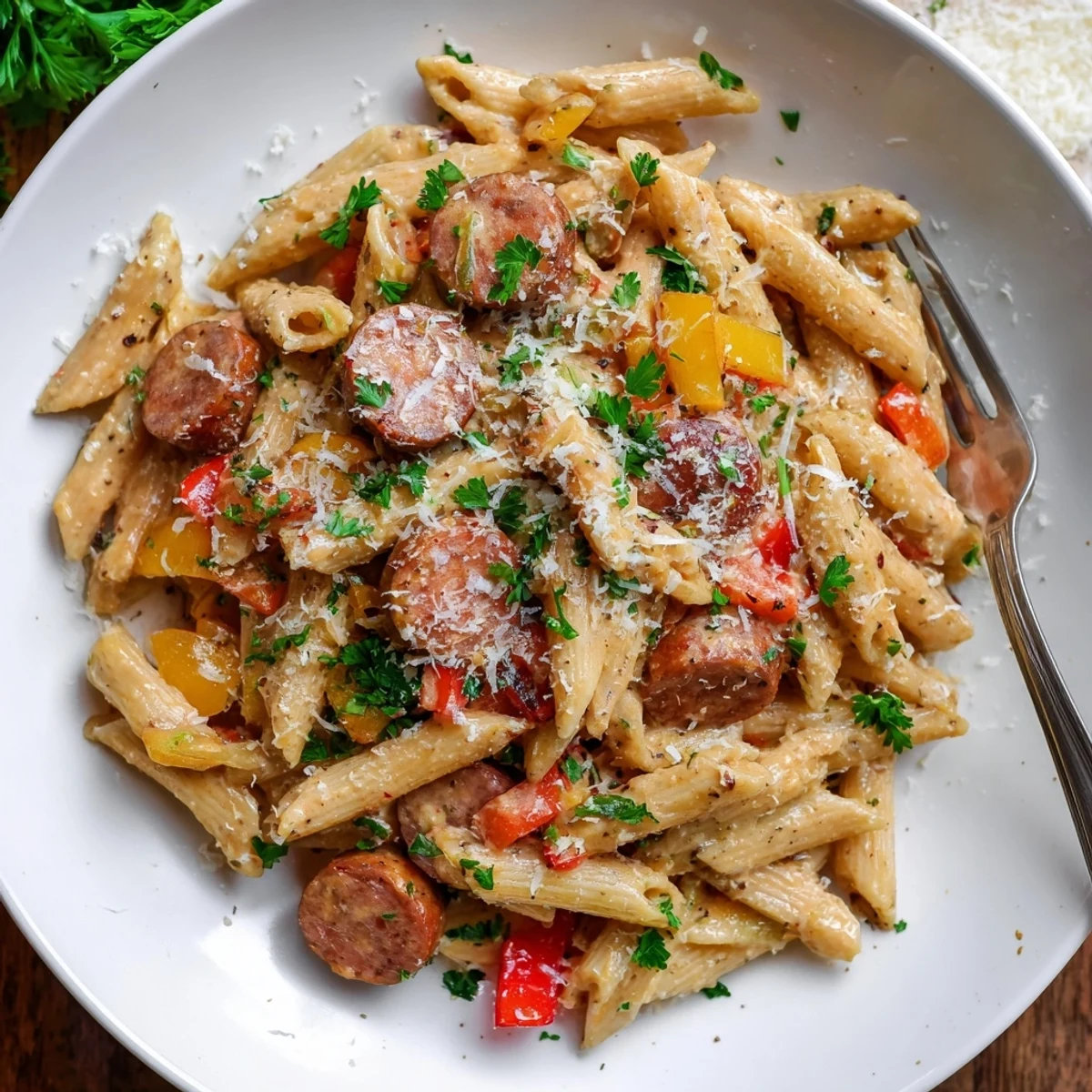 Golden sliced andouille sausage mixed with penne pasta in a velvety Cajun cream sauce ready to serve.